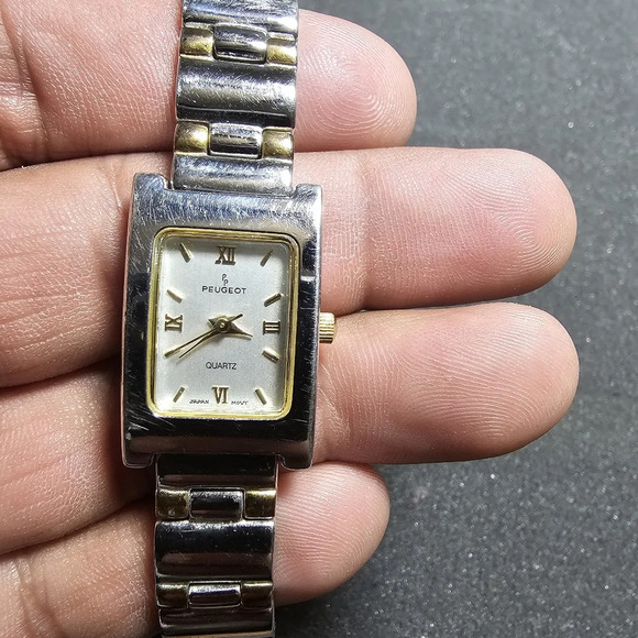 Peugeot 758 Ladies Quartz Watch Tank Style Silver Gold Tone Roman Dial Working s - Picture 1 of 9